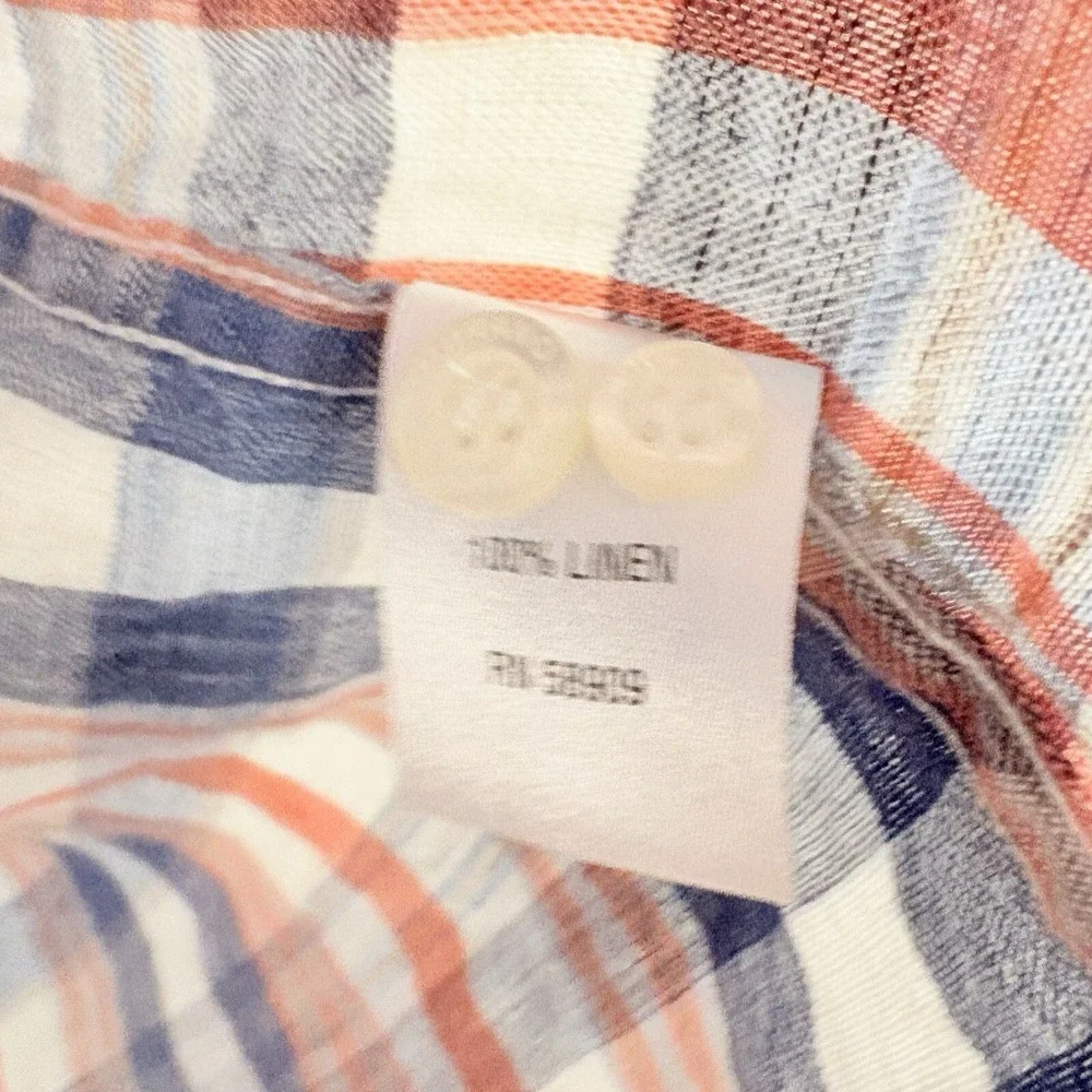 Baird McNutt Mens Linen Shirt Murano Slim Fit Blue Orange Plaid Button Up‎ Large